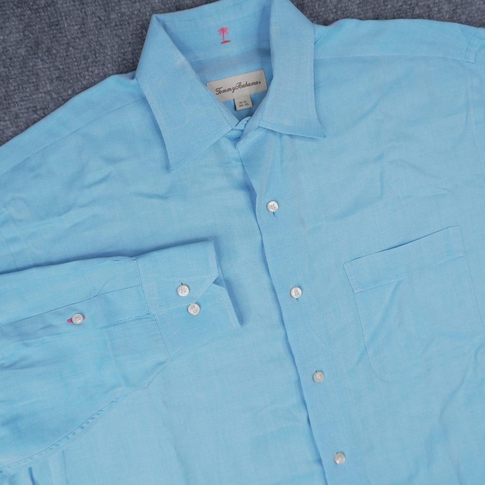 Tommy Bahama Button Up Shirt Mens 15.5 34/35 Blue Herringbone Long Sleeve Cotton